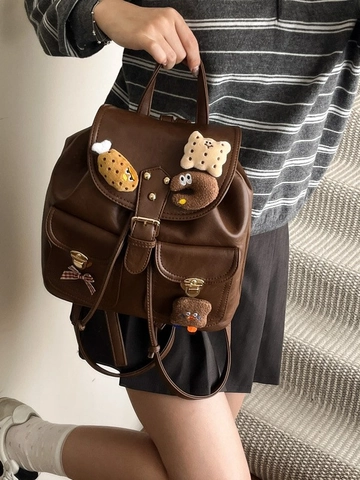 Women Retro Leopard Print PU Leather Backpack Fashion School Bag Mini Commuter Casual Rucksack With Cute Plush Charms