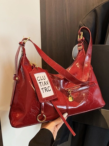 Borsa a Spalla in Pelle PU Retro per Donna Borsa Tote Lucida Borsa Sottobraccio Casual Borsa a Mano Vintage da Pendolare