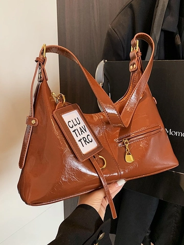 Borsa a Spalla in Pelle PU Retro per Donna Borsa Tote Lucida Borsa Sottobraccio Casual Borsa a Mano Vintage da Pendolare