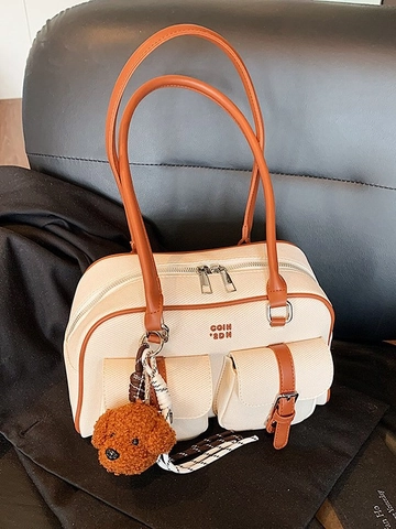 Borsa Sottobraccio Boston in Pelle PU Vintage da Donna Moda Autunno Inverno Borsa a Mano Pendolare Con Ciondolo Orsetto