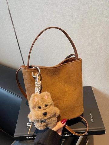 Fashion Women PU Leather Suede Style Bucket Bag Trendy Shoulder Crossbody Bag With Cute Teddy Bear Plush Pendant Small Square Bag