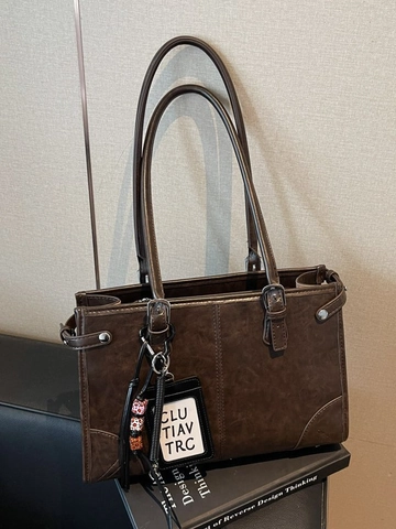Damen Große Kapazität PU Leder Tote Bag Retro Lässige Pendler Schultertasche Mit Abnehmbarem Kartenhalter Anhänger Handtasche