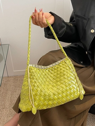 Minimalistische Gewebte PU Leder Beuteltasche Für Damen Retro Geflochtene Umhängetasche Casual Crossbody Handtasche Mit Kordelzug