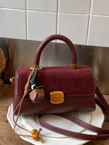 Retro Spliced PU Leather Handbag For Women Vintage Minimalist Shoulder Crossbody Bag With Gold Lock Small Square Satchel