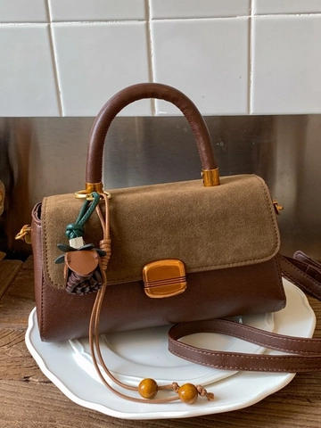 Retro Spliced PU Leather Handbag For Women Vintage Minimalist Shoulder Crossbody Bag With Gold Lock Small Square Satchel