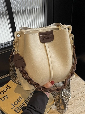 Vintage Damen PU Leder Eimertasche Großes Fassungsvermögen Breiter Schultergurt Geflochtener Griff Umhängetasche Mode Tote