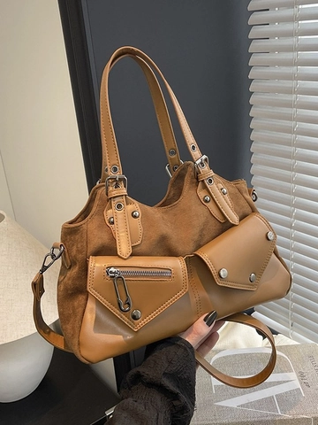 Borsa Tote in Pelle PU e Camoscio Patchwork da Donna Borsa a Tracolla Vintage Multi Tasca Lavoro Borsa a Mano Grande Capacità