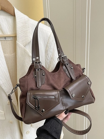 Borsa Tote in Pelle PU e Camoscio Patchwork da Donna Borsa a Tracolla Vintage Multi Tasca Lavoro Borsa a Mano Grande Capacità