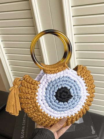 Handgehäkelte Böses Auge Runde Handtasche Für Damen Böhmische Strick Quasten Tote Tasche Mit Harzgriff Vintage Urlaubstasche
