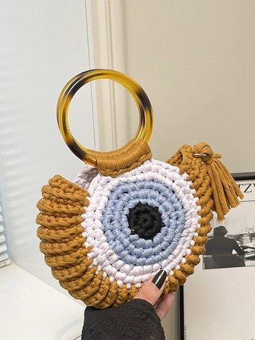 Handgehäkelte Böses Auge Runde Handtasche Für Damen Böhmische Strick Quasten Tote Tasche Mit Harzgriff Vintage Urlaubstasche
