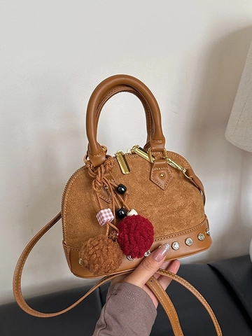 Women Suede PU Leather Shell Bag Vintage Rivet Rhinestone Handbag Fur Ball Charm Small Crossbody Shoulder Bag Daily Fashion
