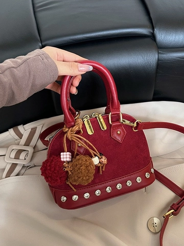 Women Suede PU Leather Shell Bag Vintage Rivet Rhinestone Handbag Fur Ball Charm Small Crossbody Shoulder Bag Daily Fashion