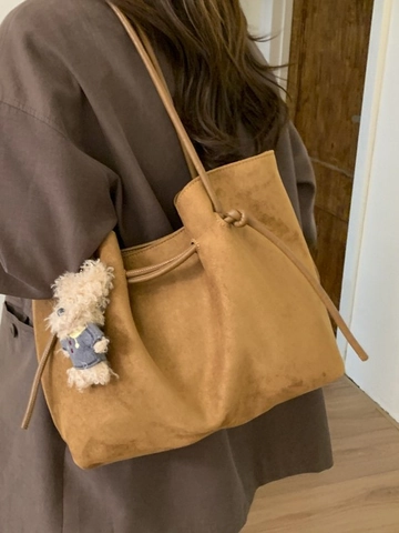 Retro Suede Texture PU Leather Large Capacity Tote Bag Minimalist Shoulder Bag Casual Elegant Daily Work Handbag For Women
