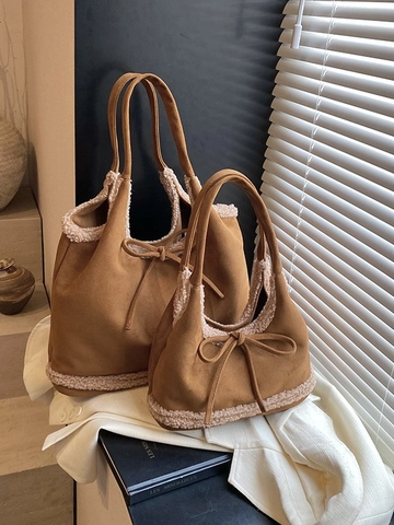 Retro PU Lederen Dames Tote Bag Met Imitatiebont Bies Grote Capaciteit Schoudertas Winter Warme Strik Handtas Dagelijks