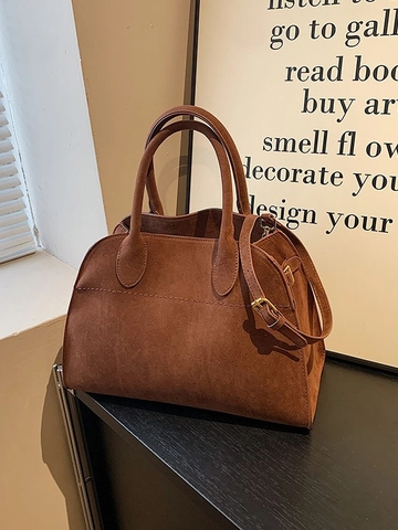 Vintage Women Suede Feel PU Tote Bag Large Capacity Commuter Shoulder Bag Retro Solid Color Office Handbag Top Handle Bag