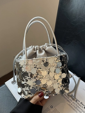 Bolso de Cubo con Lentejuelas para Mujer Bolso de Hombro de Cuero PU con Cordón y Cadena de Metal Bolso de Fiesta Bolso Pequeño