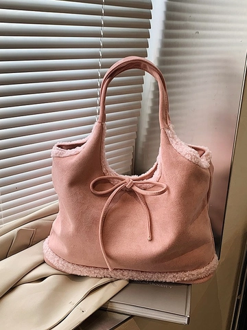 Retro PU Lederen Dames Tote Bag Met Imitatiebont Bies Grote Capaciteit Schoudertas Winter Warme Strik Handtas Dagelijks