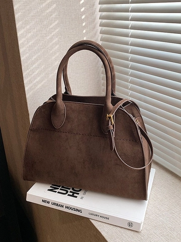 Vintage Women Suede Feel PU Tote Bag Large Capacity Commuter Shoulder Bag Retro Solid Color Office Handbag Top Handle Bag