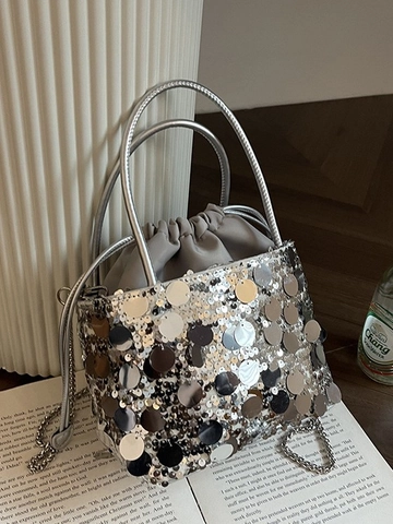 Bolso de Cubo con Lentejuelas para Mujer Bolso de Hombro de Cuero PU con Cordón y Cadena de Metal Bolso de Fiesta Bolso Pequeño