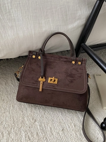 Vintage PU Leather Shoulder Bag For Women Retro Square Crossbody Handbag With Metal Lock Key Pendant Daily Commuter Fashion