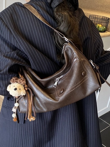 Vintage PU Leather Underarm Bag For Women Large Capacity Shoulder Tote Bag With Plush Charm Commuting Crossbody Bag Solid Color Casual Fashion Handbag