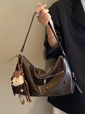 Vintage PU Leather Underarm Bag For Women Large Capacity Shoulder Tote Bag With Plush Charm Commuting Crossbody Bag Solid Color Casual Fashion Handbag
