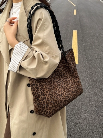 Große Kapazität Vintage Wildleder Leopardenmuster Tragetasche Für Damen Modische Pendeln Schulter Handtasche Mit Innentasche