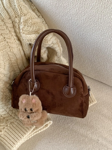 Mini Borsa a Mano Vintage in Camoscio da Donna Borsa a Cuscino Retrò Morbida Borsa Boston Con Ciondolo a Cane in Peluche Borsa a Tracolla