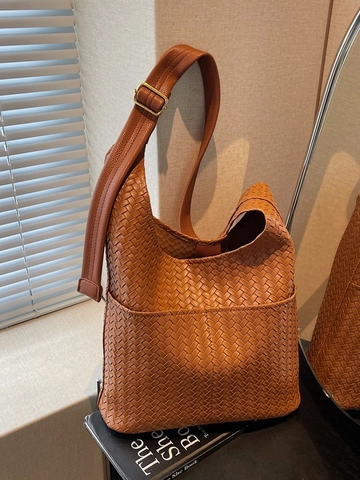 Damen Große Kapazität Geflochtene PU Leder Beuteltasche Vintage Urban Tote Pendler Schultertasche Mit Verstellbarem Riemen