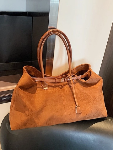 Retro Suede Tote Bag For Women Large Capacity Pleated Shoulder Underarm Bag Solid Color Autumn Winter Elegant Commuter Handbag