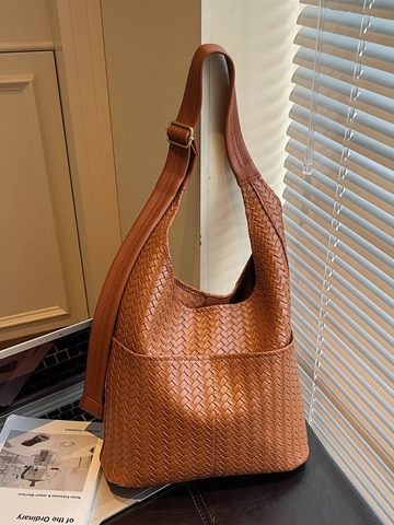 Damen Große Kapazität Geflochtene PU Leder Beuteltasche Vintage Urban Tote Pendler Schultertasche Mit Verstellbarem Riemen