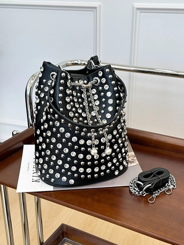 Sac Seau pour Femmes en Cuir PU Orné de Strass Style Punk Avec Bandoulière Chaîne et Pompon en Perles Artificielles