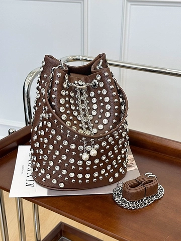 Sac Seau pour Femmes en Cuir PU Orné de Strass Style Punk Avec Bandoulière Chaîne et Pompon en Perles Artificielles