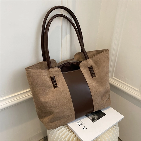 Large Capacity Vintage Patchwork Tote Bag For Women Suede PU Leather Shoulder Bag Fashion Commuting Work Purse