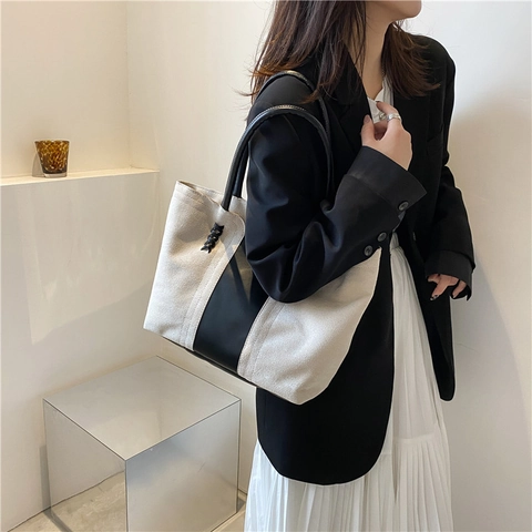 Large Capacity Vintage Patchwork Tote Bag For Women Suede PU Leather Shoulder Bag Fashion Commuting Work Purse