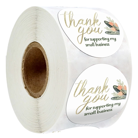 Round Thank You For Supporting My Small Business Stickers Floral Gold Foil Adhesive Sealing Labels For Gift Wrapping Stationery
