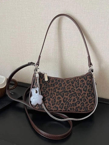 Retro Leopardenmuster Webtextur Schachbrett Schultertasche Mode Halbmond Unterarmtasche Für Damen Mit Metallkette