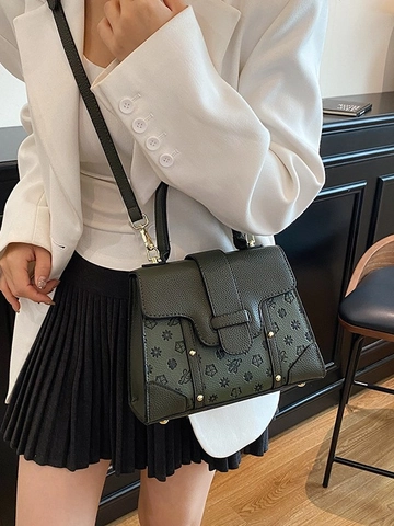 Women Retro Embossed PU Leather Handbag Monogram Floral Print Shoulder Crossbody Bag Gold Hardware Fashion Daily Bag