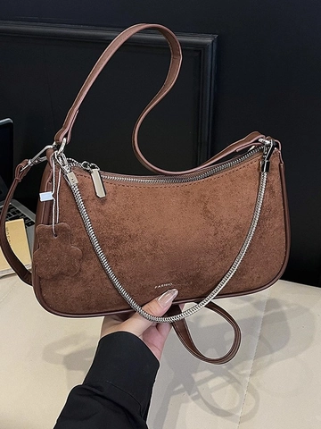 Women Korean Minimalist Underarm Shoulder Bag Vintage PU Leather Solid Color Crescent Bag With Metal Chain And Teddy Bear Pendant