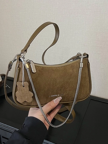 Women Korean Minimalist Underarm Shoulder Bag Vintage PU Leather Solid Color Crescent Bag With Metal Chain And Teddy Bear Pendant