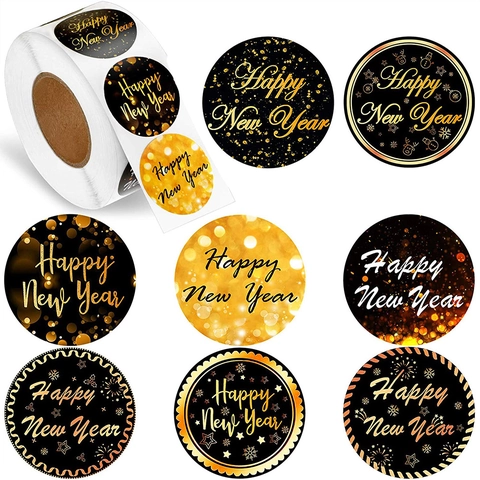 Adesivi Happy New Year Etichette Autoadesive Rotonde Nero Oro Motivi Fuochi d'Artificio Per Confezioni Regalo Buste Sigilli