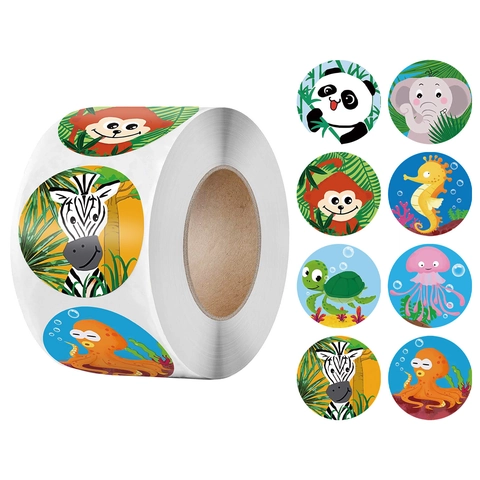 500 Pezzi Rotolo Adesivi Premio Animali Cartone Animato Tondi Etichette Decorative Autoadesive per Scuola Insegnanti Bambini