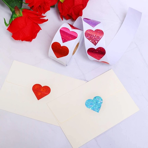 Rotolo di Adesivi Olografici a Cuore Laser Glitter Adesivi a Forma di Cuore per San Valentino Scatola Regalo Sigillo Busta Etichette Romantiche
