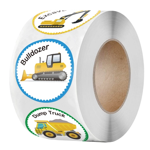 Autocollants De Récompense De Véhicule De Chantier Pour Enfants Étiquettes Rondes En Papier Couché Adhésif Camion De Dessin Animé