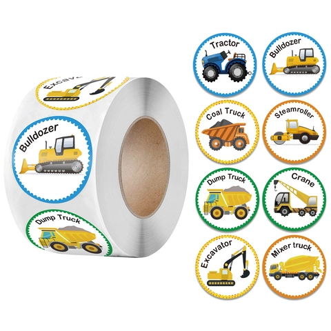 Autocollants De Récompense De Véhicule De Chantier Pour Enfants Étiquettes Rondes En Papier Couché Adhésif Camion De Dessin Animé