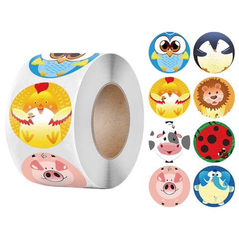 Adesivi Premio Animali Cartone Animato Rotondi Etichette Carta Patinata Bambini Insegnanti Scuola Adesivo Sigillo Decorativo Cancelleria