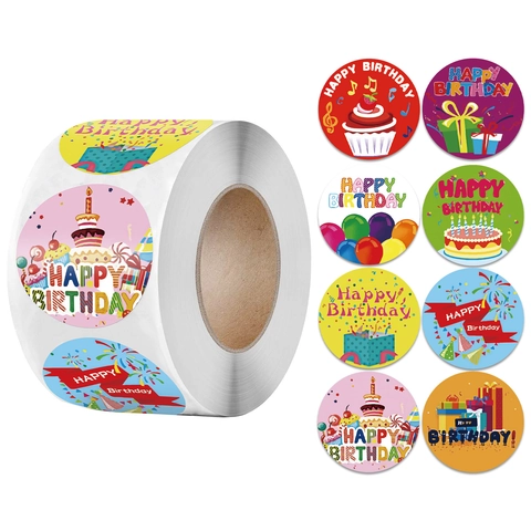 Runde Happy Birthday Selbstklebende Etiketten Rolle Cartoon Kuchen Ballon Geschenkbox Dekorative Siegelaufkleber Für Party