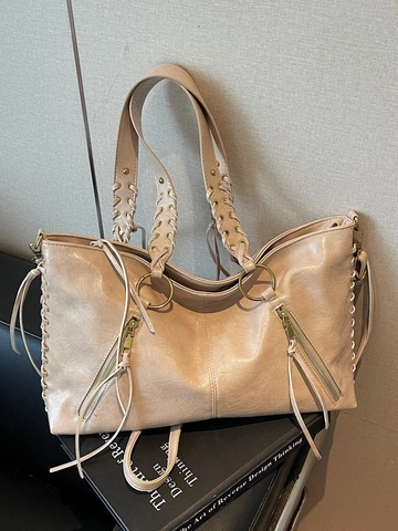 Borsa Tote in Pelle PU Retrò per Donna Grande Capacità Borsa a Tracolla Casual Con Manico Intrecciato Nappe Borsa Elegante