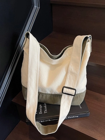 Bolso Tote de Lona de Gran Capacidad para Mujer Estilo Callejero Minimalista Correa Ajustable Color de Contraste Bolso de Compras