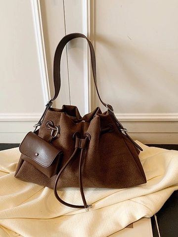 Damen Matte PU Leder Beuteltasche Große Kapazität Kordelzug Schultertasche Mit Minigeldbörse Retro Minimalistische Umhängetasche